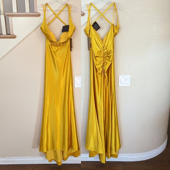 Mustard Yellow Deep V-Neck Satin Formal Prom Wedding Evening Dress 4 - Picture 2 of 4